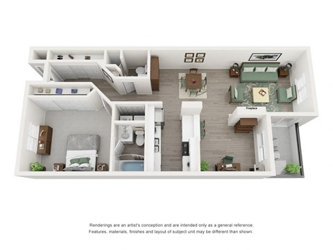 Floor plan for 1 bed, 2 baths, 985 sqft